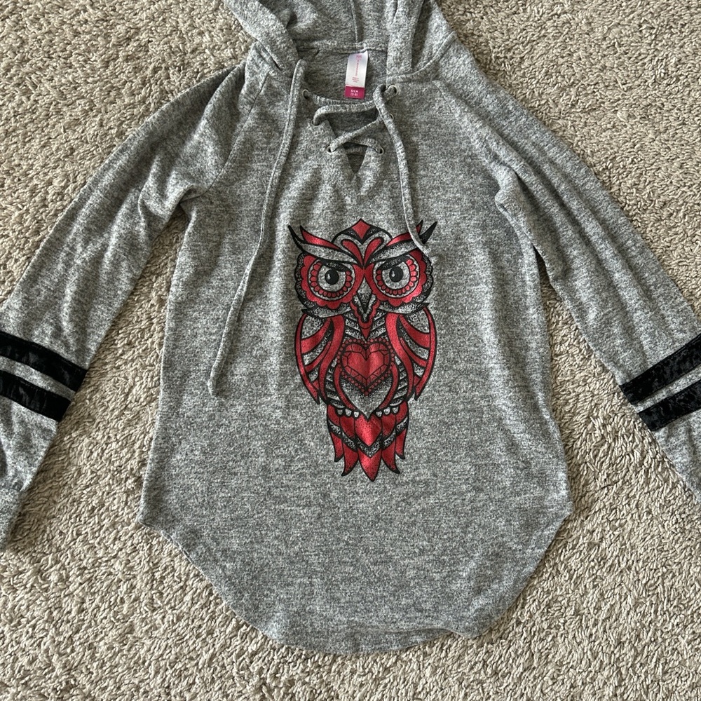 Gray Hoodie with Red Owl Design